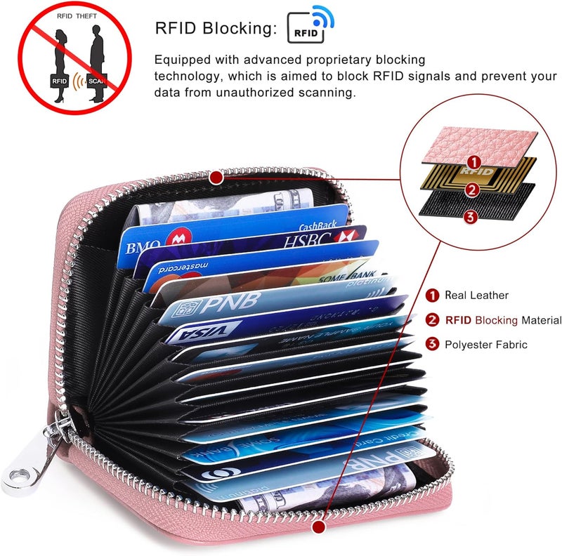 FEITH&FELLY Genuine Leather Credit Card Holder RFID Blocking Small Zipper Card Case Accordion Wallet for Women & Men - Image 3